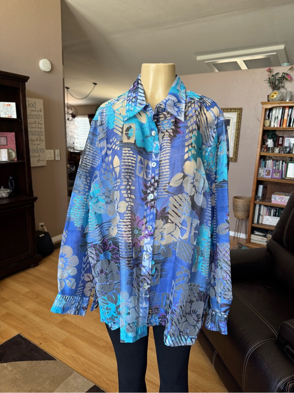 Mirasol sheer blue, purple & black floral/abstract print blouse-2X